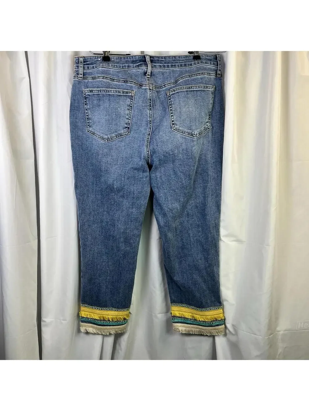 Chico's So Slimming Girlfriend Crop Jeans Sz 12 Fringe Striped Cuff Slim Leg